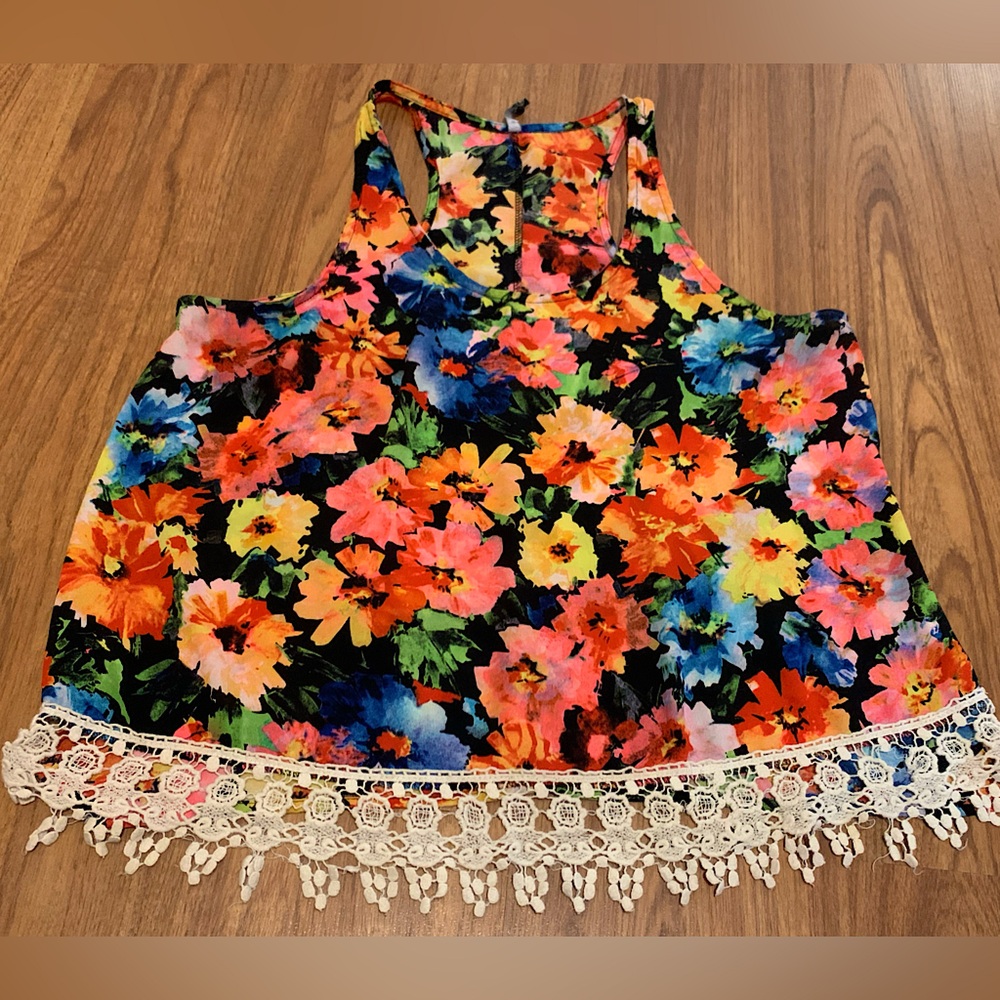 LOVE CULTURE bright neon colourful vintage boho floral crochet trim tank top